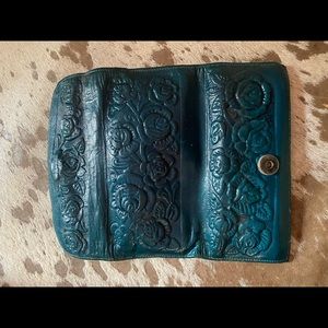 Teal Hand Tooled Vintage Leather Mexican Wallet